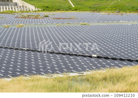 View of the floating Solar power system on the flood detention basin in Kaohsiung, Taiwan. 109412210