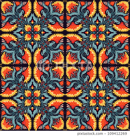 Vector decorative seamless pattern with flower arrangement. Folk art tracery texture with red flowers and blue stems with foliage 109412269