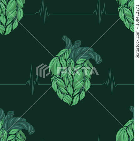 Vector seamless pattern with healthy human hearts made of leaves with cardiogram on dark background. Texture eco friendly lifestyle Vector seamless pattern with healthy human hearts made of leaves with cardiogram on dark background. Texture eco friendly lifestyle 109412271