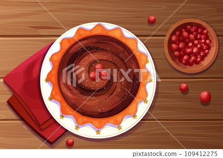 Christmas pie chocolate with slice decorated with gingerbread srats and cranberry top view on holiday plate on wooden table in cartoon style. Christmas pie chocolate with slice decorated with gingerbread srats and cranberry top view on holiday plate on wooden table in cartoon style. 109412275