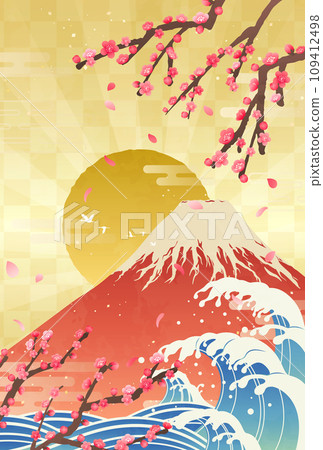 梅花、海浪和富士山的日出_日式插畫_豎6 梅花、海浪和富士山的日出_日式插畫_豎6 109412498
