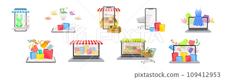 Online Shopping and Purchase with Laptop and Smartphone Screen Vector Set 109412953