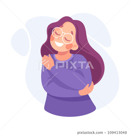 Woman Character Hug Herself Taking Care and Show Importance of Oneself Vector Illustration Woman Character Hug Herself Taking Care and Show Importance of Oneself Vector Illustration 109413048