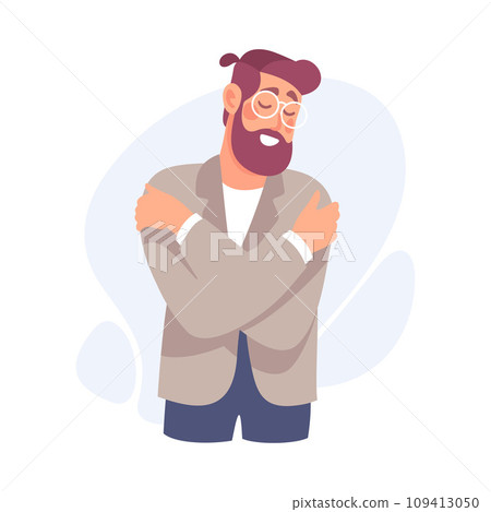 Bearded Man Character Hug Himself Taking Care and Show Importance of Oneself Vector Illustration Bearded Man Character Hug Himself Taking Care and Show Importance of Oneself Vector Illustration 109413050