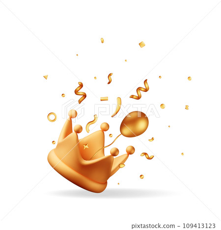 3D Gold Crown Icon and Confetti. 109413123