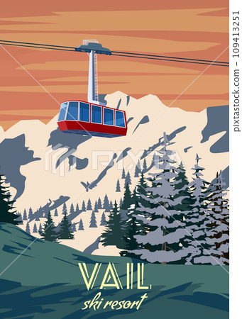 Vail Ski Travel resort poster vintage. Colorado USA winter landscape travel card 109413251
