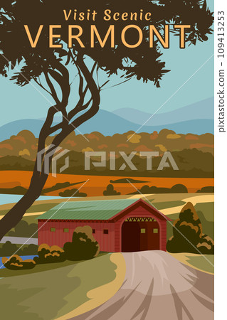 Travel Poster Vermont USA, autumn rural landscape Travel Poster Vermont USA, autumn rural landscape 109413253