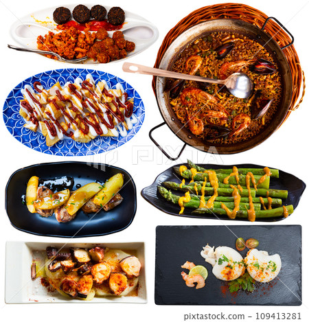 Dishes of Spanish cuisine isolated on white 109413281