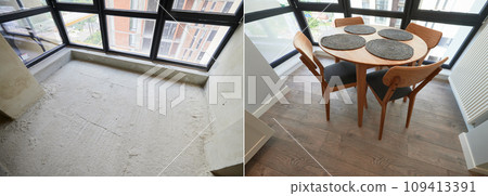 Comparison of old empty room and new renovated place with kitchen table, chairs, parquet floor and plastic window. Photo collage of modern apartment before and after renovation. 109413391