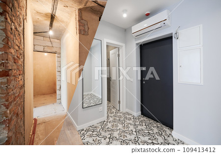 Comparison of old flat and new renovated apartment with modern interior design. Hallway before and after renovation. 109413412