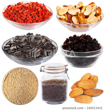 Glass plates with dried and bulk products on white background Glass plates with dried and bulk products on white background 109413432