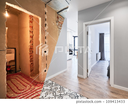 Comparison of old apartment before restoration and new renovated flat with modern interior design. Apartment with underfloor heating pipes before and after renovation. Comparison of old apartment before restoration and new renovated flat with modern interior design. Apartment with underfloor heating pipes before and after renovation. 109413433