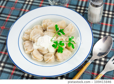 Meat dumplings served on plate in restaurant Meat dumplings served on plate in restaurant 109413846