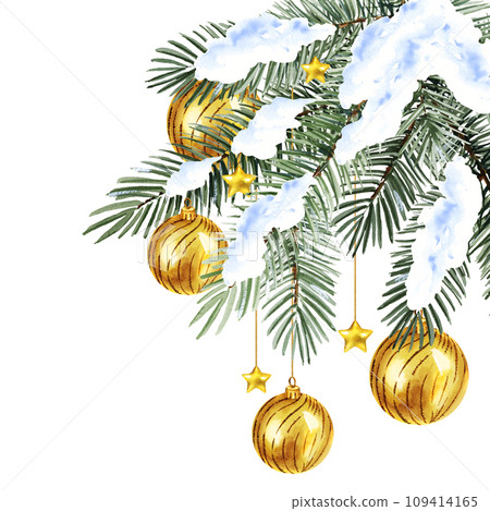 watercolor Christmas tree in the snow with golden Christmas baubles, balls, stars, hand drawn sketch of green fir branches with Christmas tree toys, isolated on white background, winter illustration watercolor Christmas tree in the snow with golden Christmas baubles, balls, stars, hand drawn sketch of green fir branches with Christmas tree toys, isolated on white background, winter illustration 109414165
