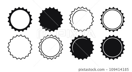 Beer bottle cap icons. Blank label in the shape of aluminum bottle cap. Top view. Soda or beer metal lid. Black and white flat icon. Vector illustration isolated on white background 109414185