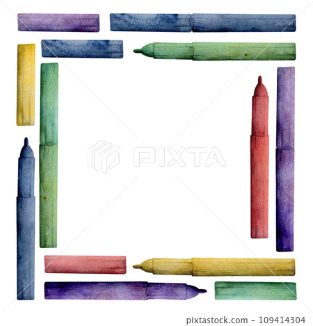 Watercolor hand drawn illustration, kids children painting materials supplies, pencil crayon marker art stationery. Square frame isolated on white. For school kindergarten, party, cards, website, shop Watercolor hand drawn illustration, kids children painting materials supplies, pencil crayon marker art stationery. Square frame isolated on white. For school kindergarten, party, cards, website, shop 109414304