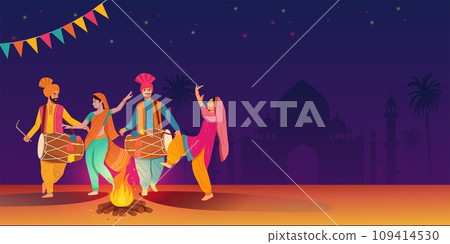 Indian man and woman in traditional dress performing folk dance on Lohri Festival Indian man and woman in traditional dress performing folk dance on Lohri Festival 109414530