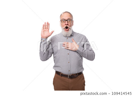 stylish pensioner man with a beard and mustache in a shirt and trousers stylish pensioner man with a beard and mustache in a shirt and trousers 109414545
