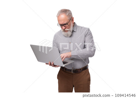 A 60 year old elderly business man with a mustache and a gray beard dressed in a shirt and trousers A 60 year old elderly business man with a mustache and a gray beard dressed in a shirt and trousers 109414546