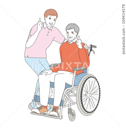 Senior man being pushed in a wheelchair by a caregiver 109414579