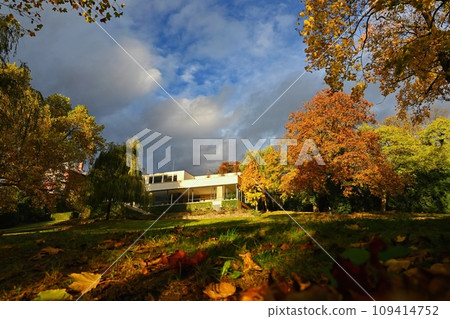 Villa Tugendhat Brno - Czech Republic. Beautiful autumn atmosphere in the park of the villa. Modern architecture of functionalist and internationalist German architect Ludwig Mies van der Rohe. UNESCO 109414752