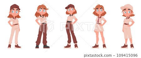 Set of five cute girls schoolgirls in beige and brown uniforms. Schoolgirls posing. Vector cartoon style. 109415096