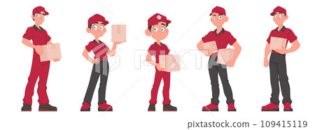 Cheerful Team of Five Male Couriers Holding Packages. Red Uniformed Delivery Guys with Paper Boxes. Vector Cartoon Illustration. 109415119