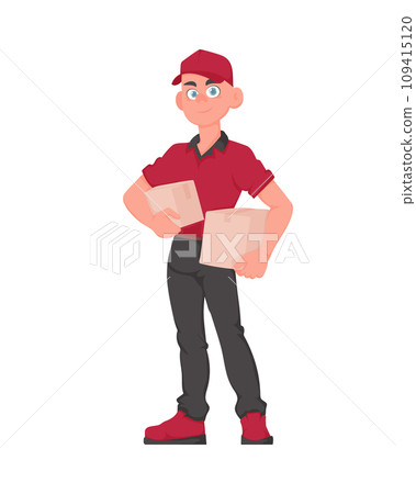Smiling Deliveryman with Parcel: Friendly courier in red uniform holding a paper box. Vector cartoon illustration. 109415120