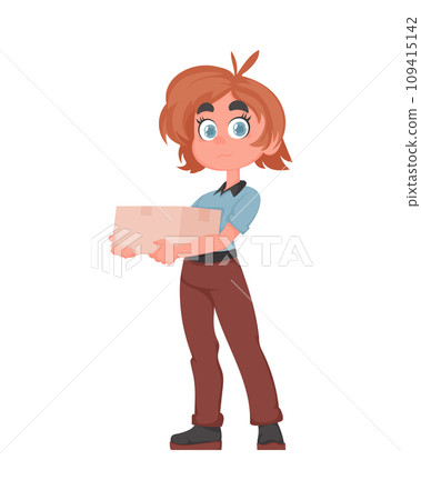 Smiling Delivery Girl with Package in Blue Uniform. Cheerful Female Courier Holding Paper Box. Vector Cartoon Illustration. 109415142
