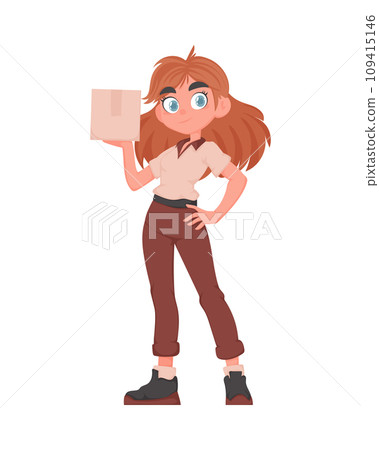 Adorable Delivery Girl with Parcel in Vector Cartoon Style. Female Courier in Beige and Brown Uniform Holding Paper Box. Fast and Reliable Goods Delivery Concept. Adorable Delivery Girl with Parcel in Vector Cartoon Style. Female Courier in Beige and Brown Uniform Holding Paper Box. Fast and Reliable Goods Delivery Concept. 109415146