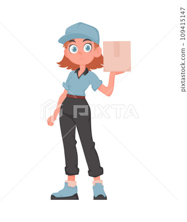 Smiling Delivery Girl with Package in Blue Uniform. Cheerful Female Courier Holding Paper Box. Vector Cartoon Illustration. 109415147