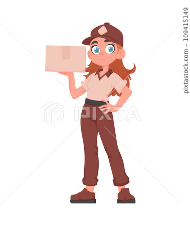 Adorable Delivery Girl with Parcel in Vector Cartoon Style. Female Courier in Beige and Brown Uniform Holding Paper Box. Fast and Reliable Goods Delivery Concept. Adorable Delivery Girl with Parcel in Vector Cartoon Style. Female Courier in Beige and Brown Uniform Holding Paper Box. Fast and Reliable Goods Delivery Concept. 109415149
