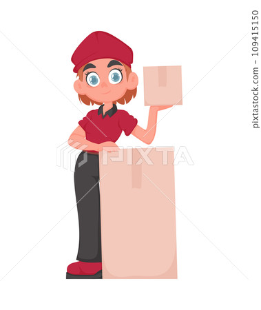 Smiling Delivery Woman in Red Uniform Holding a Paper Box. Cute Girl Delivering Goods in Vector Cartoon Style. Smiling Delivery Woman in Red Uniform Holding a Paper Box. Cute Girl Delivering Goods in Vector Cartoon Style. 109415150