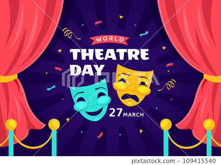 World Theatre Day Vector Illustration on March 27 with Mask and Red Curtains to Preserve Performing Arts and Entertainment in Flat Cartoon Background 109415540