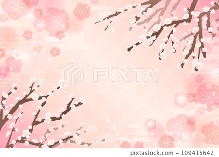 Japanese-style illustration of plum branches and falling petals_horizontal 1 109415642