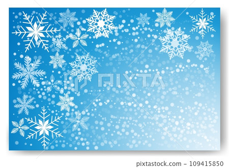 Cute falling snow flakes illustration. Wintertime speck frozen granules. Snowfall sky white teal blue wallpaper. Scattered snowflakes december theme. Snow hurricane landscape 109415850