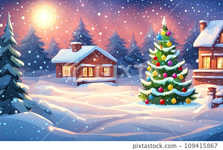 Christmas tree with gifts. Holiday boxes with Christmas gift with ribbon bow, on snow in winter forest in background, night holiday lights. This photo was generated using Playground AI 109415867