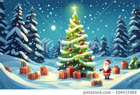 Christmas tree with gifts. Holiday boxes with Christmas gift with ribbon bow, on snow in winter forest in background, night holiday lights. This photo was generated using Playground AI 109415868