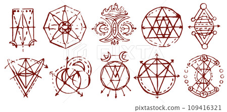 Design set with sacred geometry elements, shapes and patterns isolated on white. Mystic, esoteric and occult concept Design set with sacred geometry elements, shapes and patterns isolated on white. Mystic, esoteric and occult concept 109416321