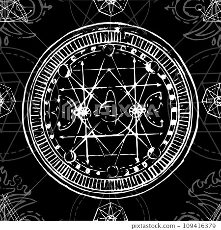 Seamless pattern with sacred geometry elements and shapes. Mystic, esoteric and occult background 109416379