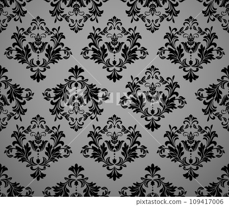 Wallpaper in the style of Baroque. Seamless vector background. Black and gray floral ornament. Graphic pattern for fabric, wallpaper, packaging. Ornate Damask flower ornament Wallpaper in the style of Baroque. Seamless vector background. Black and gray floral ornament. Graphic pattern for fabric, wallpaper, packaging. Ornate Damask flower ornament 109417006