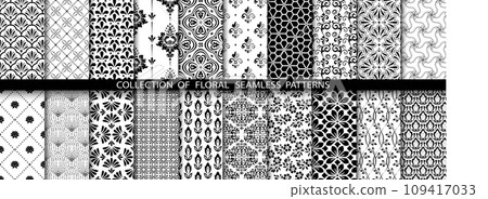 Geometric floral set of seamless patterns. White and black vector backgrounds. Damask graphic ornaments. Geometric floral set of seamless patterns. White and black vector backgrounds. Damask graphic ornaments. 109417033