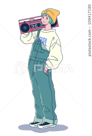 A girl in overalls carrying a radio cassette player 109417180