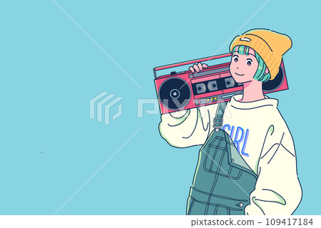 A girl in overalls carrying a radio cassette player A girl in overalls carrying a radio cassette player 109417184