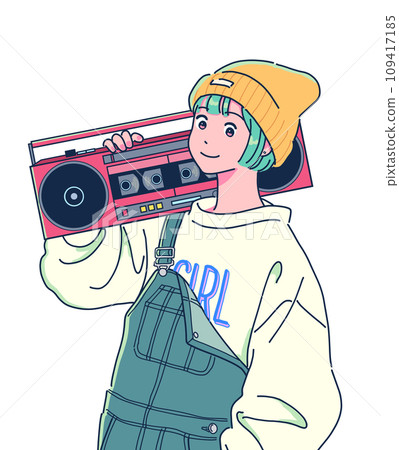 A girl in overalls carrying a radio cassette player 109417185