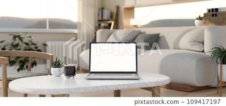 A laptop computer, a coffee cup, and a potted plant on a coffee table in a modern luxury living room 109417197