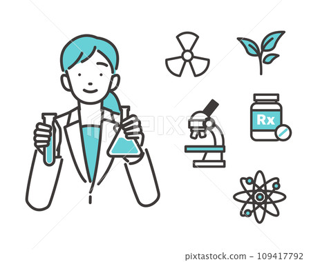 科學醫學圖標和女性科學家圖標的向量圖解素材 109417792