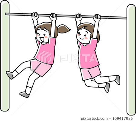 Smiling girls hanging from a horizontal bar 109417986