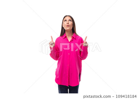 portrait of a smart young lady with black hair in a crimson shirt who is thoughtful and looks at the portrait of a smart young lady with black hair in a crimson shirt who is thoughtful and looks at the 109418184