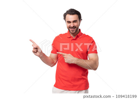 young brutal caucasian brunette man with beard wearing t-shirt is thinking about business strategy 109418199
